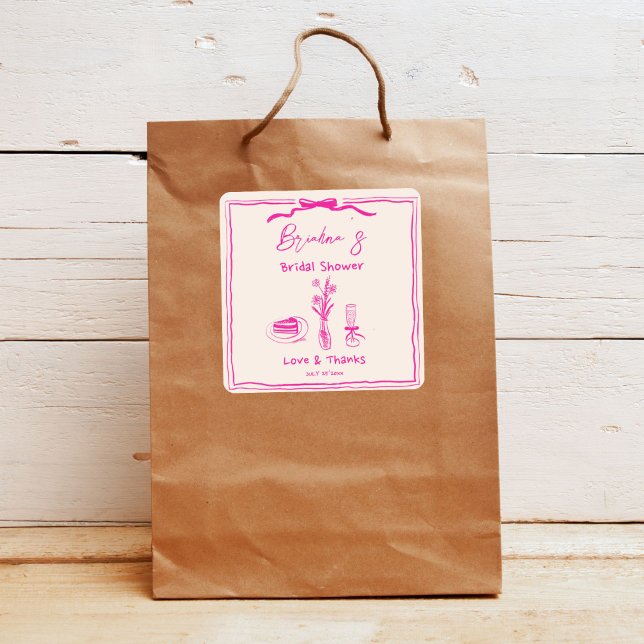 Adesivo Quadrado Chuva de noiva com fita rosa retrô rabiscada à mão (Handdrawn scribble retro pink ribbon minimalist bridal shower thank you favor sticker)