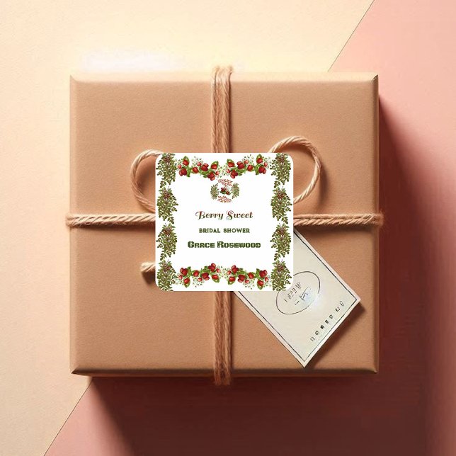 Adesivo Quadrado Chuva de Noiva Doce com Frutas Vermelhas e Folhas  (Cute Fall Foliage Autumn Berry Sweet Bridal Shower Square Sticker)