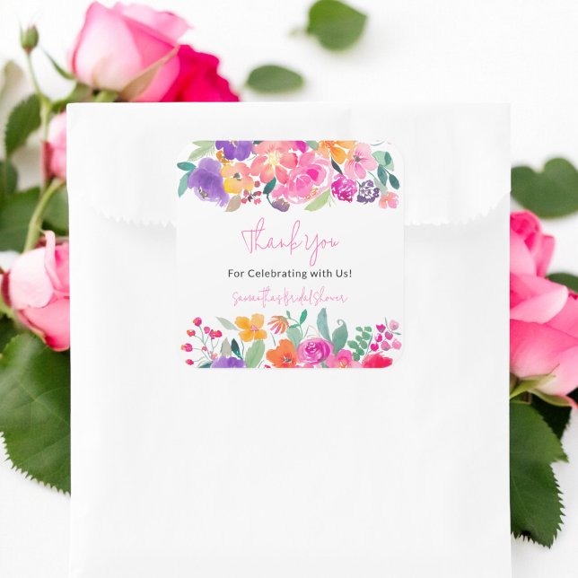 Adesivo Quadrado Chuva de noiva em água-forte floral rosa brilhante (Bold bright pink floral watercolor bridal shower square sticker)