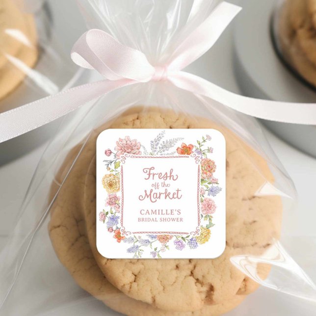 Adesivo Quadrado Chuva de Noiva Floral Fresca do Mercado (Fresh off the market bridal shower sticker)