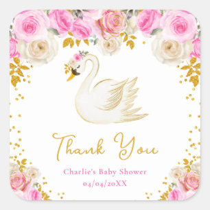 Adesivo Quadrado Chuveiro de Bebê Obrigado Cisne Rosas Pink Dourado