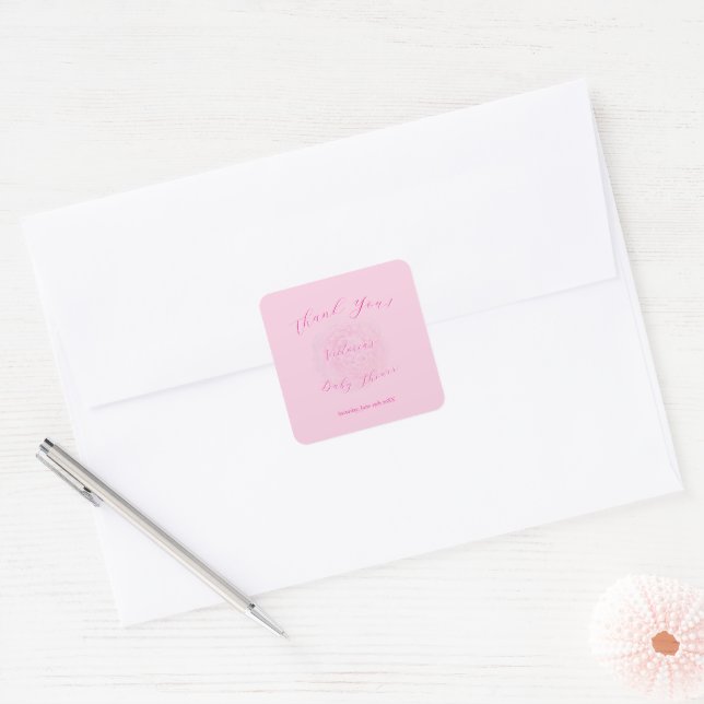 Adesivo Quadrado Chuveiro de Bebê Peônia em Script Elegantes Rosas  (Envelope)