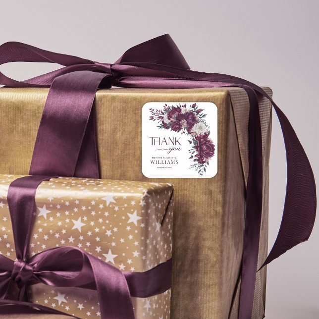 Adesivo Quadrado Chuveiro de Noiva Arco Floral Borgonha Agradecimen (Criador carregado)