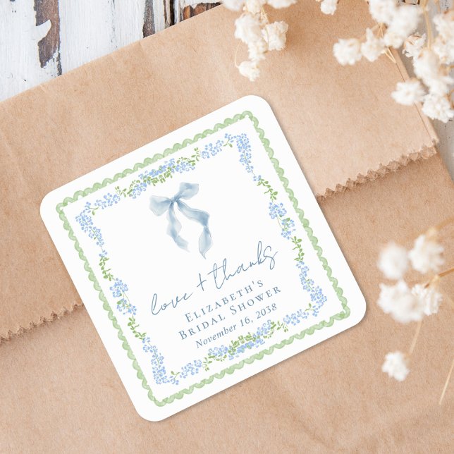 Adesivo Quadrado Chuveiro de Noiva Laço Azul Elegante Obrigado (Elegant Blue Bow Bridal Shower Thank You Square Sticker)