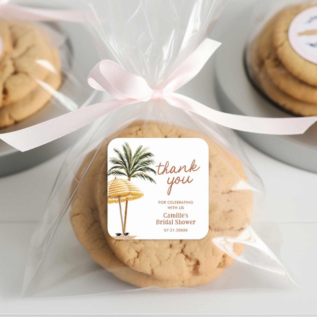 Adesivo Quadrado Chuveiro de Noiva Tropical de Verão Obrigado (Beach Summer Bridal Shower Thank you favor stickers)