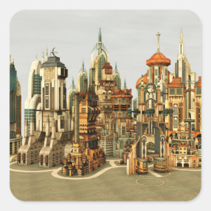 Adesivo Quadrado Cidade de Fantasia Futurista Arte de Horizonte de