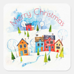 Adesivo Quadrado Cidade de neve com aquarela de Natal feliz