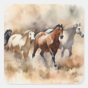 Adesivo Quadrado “Cinco Mustangs Galopando” Oeste empoeirado Aquare