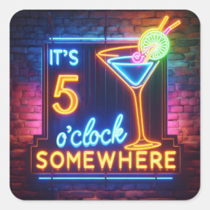 Adesivo Quadrado Cinco O'Clock Em Algum Lugar Neon Sign No Brick