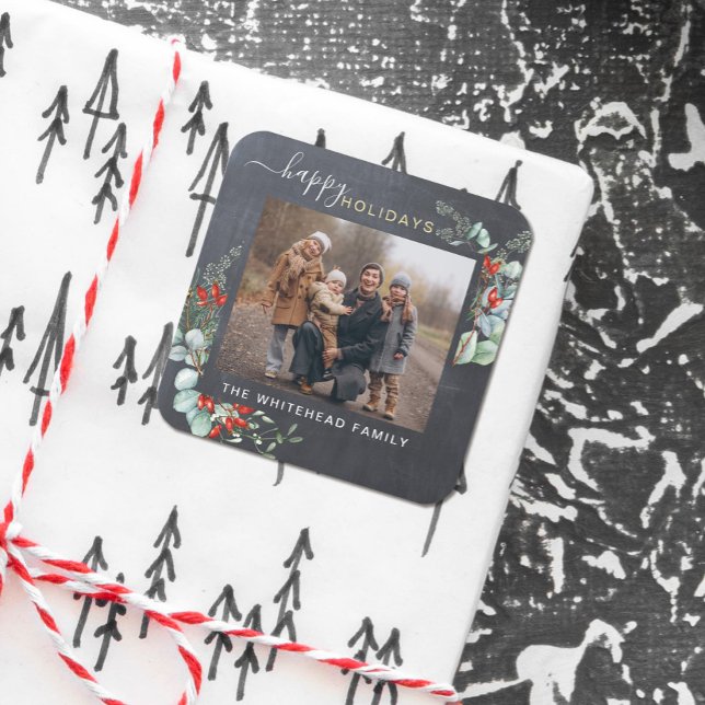 Adesivo Quadrado Cinza Botânico Cachorro Russo de Aquarela (Chalkboard background with a holly watercolor greenery for a happy holiday sticker.)