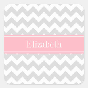 Adesivo Quadrado Cinza Branca Chevron Zigzag Nome Rosa Monograma