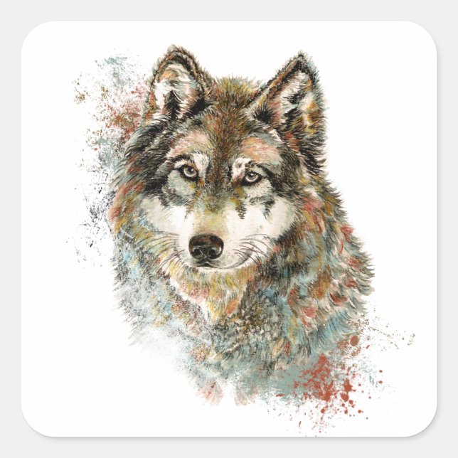 Adesivo Quadrado Cinza de Aquarelas Wolf Willife Animal Art (Frente)
