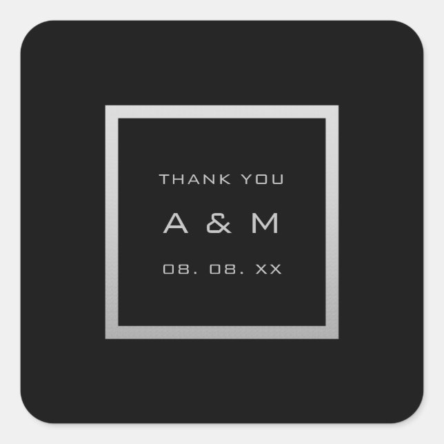 Adesivo Quadrado Cinza de Obrigado Monograma Cinza Moldura Prata Bl (Frente)