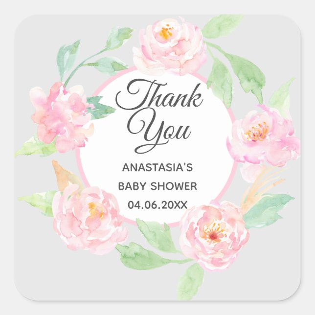 Adesivo Quadrado Cinza e Fita Floral Rosa Obrigado Chá de fraldas (Frente)