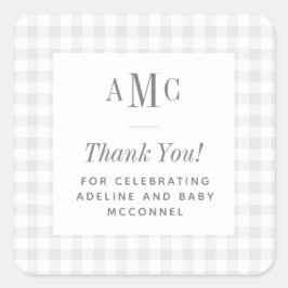 Adesivo Quadrado Cinza e Monograma de Gingham Branco Obrigado