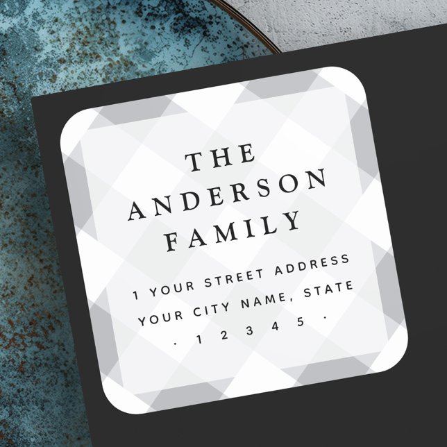 Adesivo Quadrado Cinza gingham checkers elegante endereço de retorn (Gray gingham checkers elegant return address square sticker)