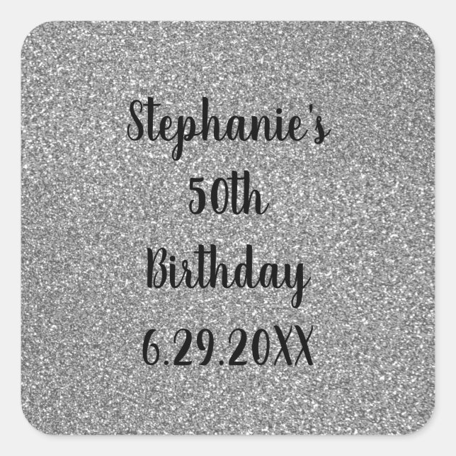 Adesivo Quadrado Cinza Glittery Silver Happy Birday Name Personaliz (Frente)