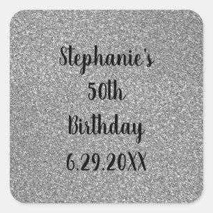 Adesivo Quadrado Cinza Glittery Silver Happy Birday Name Personaliz