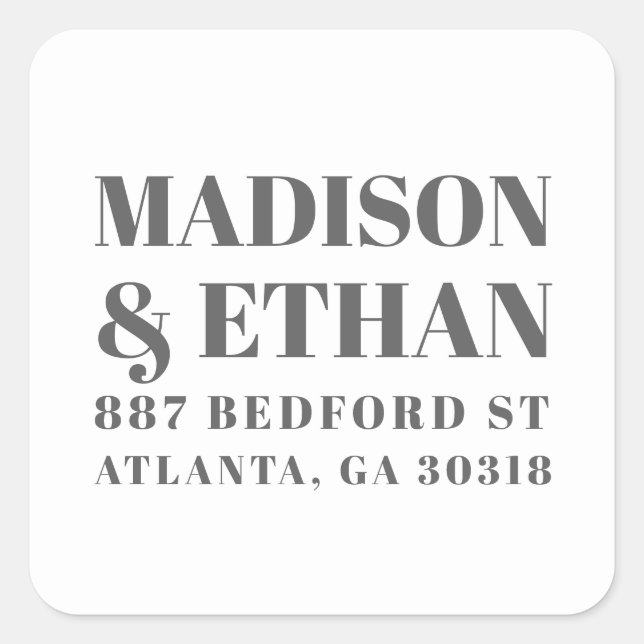 Adesivo Quadrado Cinza Moderna e Endereço de Devolução de Casamento (Frente)