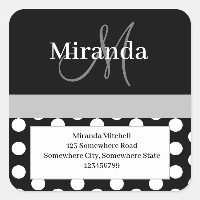 Adesivo Quadrado Cinza Monograma Bolinhas Branca Endereço de devolu (Frente)