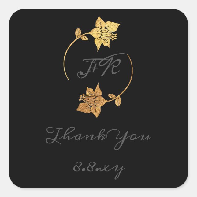 Adesivo Quadrado Cinza Negra Monograma Flor Dourado Data de Salvame (Frente)