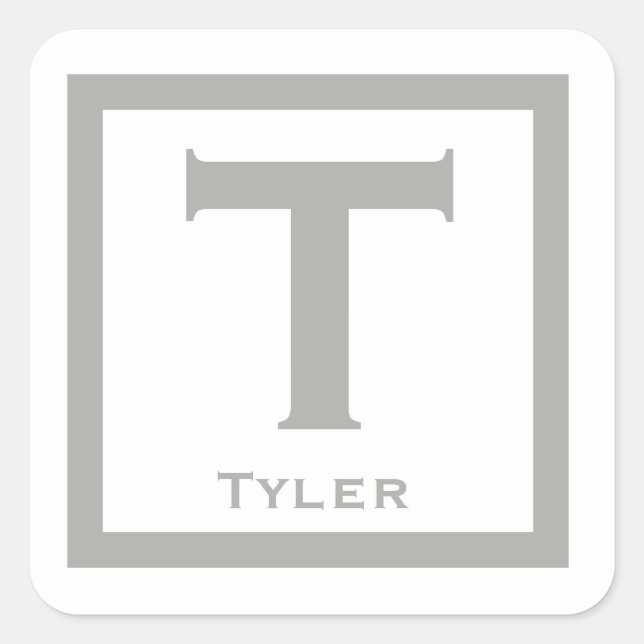 Adesivo Quadrado Cinza Nome Inicial Crianças Festa de Menino de Vol (Frente)