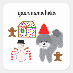 Adesivo Quadrado Cinza Poodle Natal #1-4 Stickers