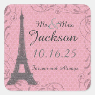 Adesivo Quadrado Cinza rosa, vinhetas de casamento personalizadas d