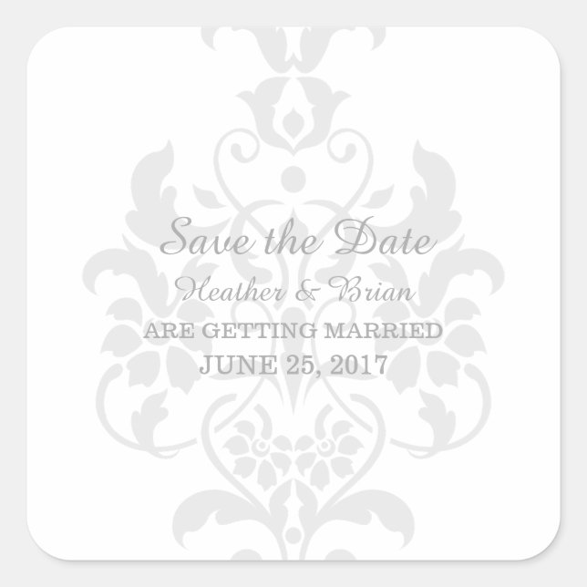 Adesivo Quadrado Cinza sutil Damask Save the Date Stickers (Frente)