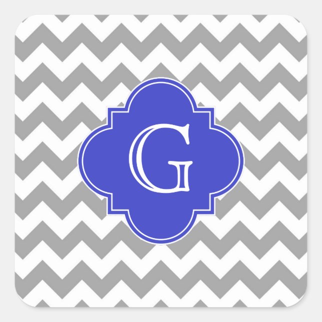 Adesivo Quadrado Cinza White Chevron Cobalt Blue Quatrefoil Monogra (Frente)