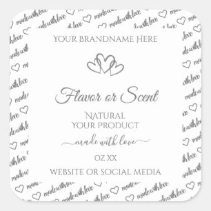 Adesivo Quadrado Cinza White Word Cloud Product Labels Corações Bon