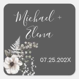 Adesivo Quadrado Cinzas Escuras e Casamento Floral Branco