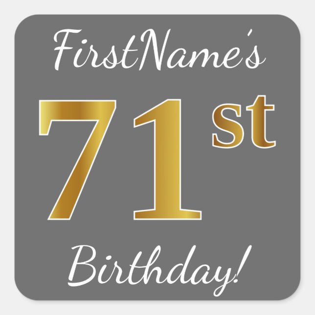 Adesivo Quadrado Cinzas, Faux Dourado 71 ruas Aniversário + Nome Pe (Frente)