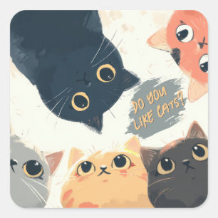 Adesivo Quadrado Círculo de Gatos Fofos – Ilustração de Gatos Kawai