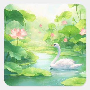 Adesivo Quadrado Cisne Branco Gracioso em Lagoa de Lírios Ensolarad