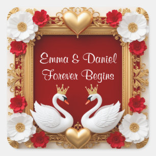 Adesivo Quadrado 💖 Cisne Branco Tema de Casamento Romântico Vermel