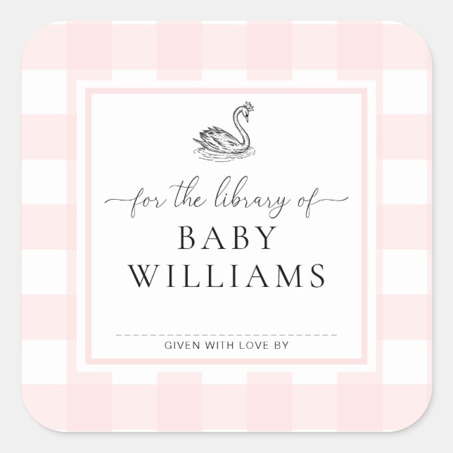 Adesivo Quadrado Cisne De Gingham Rosa Para A Biblioteca De Ex-Libr (Frente)