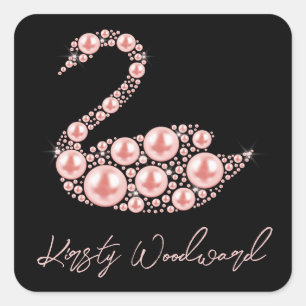 Adesivo Quadrado Cisne de Pérola Rosa Elegante em Fundo Preto