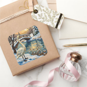 Adesivo Quadrado Cisne Vintage por Pintura de Natal da Ponte Nevada