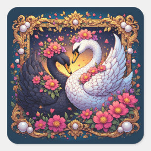 Adesivo Quadrado Cisnes de Casamento Enquadrados com Ouro e Flores