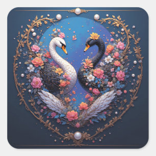 Adesivo Quadrado Cisnes de Casamento Enquadrados com Ouro e Flores