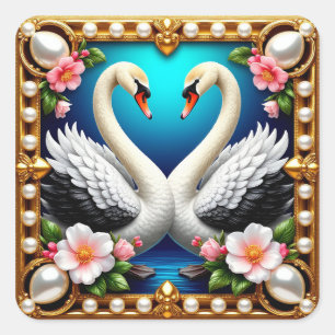 Adesivo Quadrado Cisnes de Casamento Enquadrados com Ouro e Flores