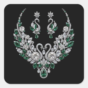 Adesivo Quadrado Cisnes de Cristal Esmeralda   Joias de Luxo