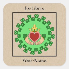 Adesivo Quadrado Claddagh e Knotwork Bookplate Verde