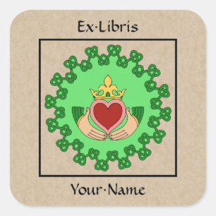 Adesivo Quadrado Claddagh e Knotwork Bookplate Verde