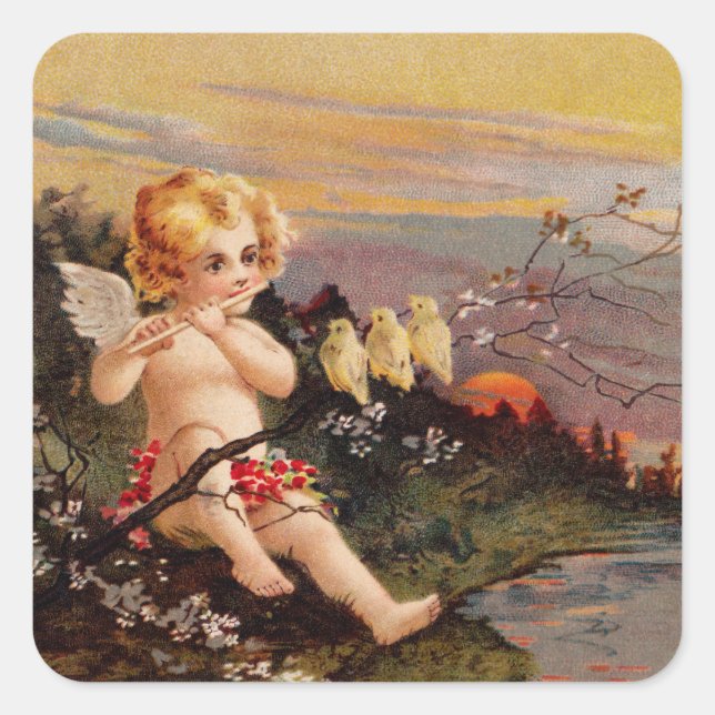 Adesivo Quadrado Clapsaddle: Pequeno Cherub com Flauta e Aves (Frente)