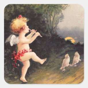 Adesivo Quadrado Clapsaddle: Querubim pequeno com flauta