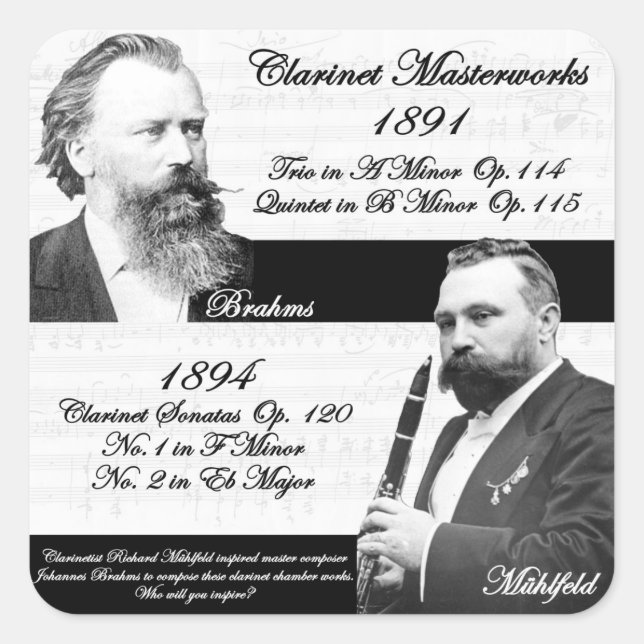 Adesivo Quadrado Clarinetista Mühlfeld inspirou os Brahms (Frente)