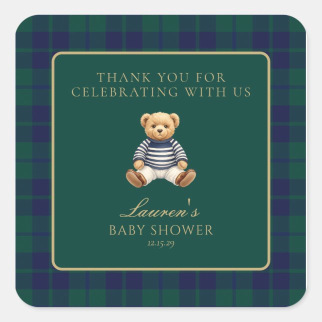 Adesivo Quadrado Classic Green Navy Plaid Bear Baby Shower  (Frente)