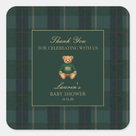 Adesivo Quadrado Classic Green Plaid Bear Baby Shower Thank You 